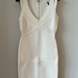 Herve Leger Cream Bodycon Mini Dress V-neck Sleeveless